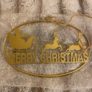 Gold Tone Metal Merry Christmas w/ Santa Sleigh Wall or Door Decor Hanging